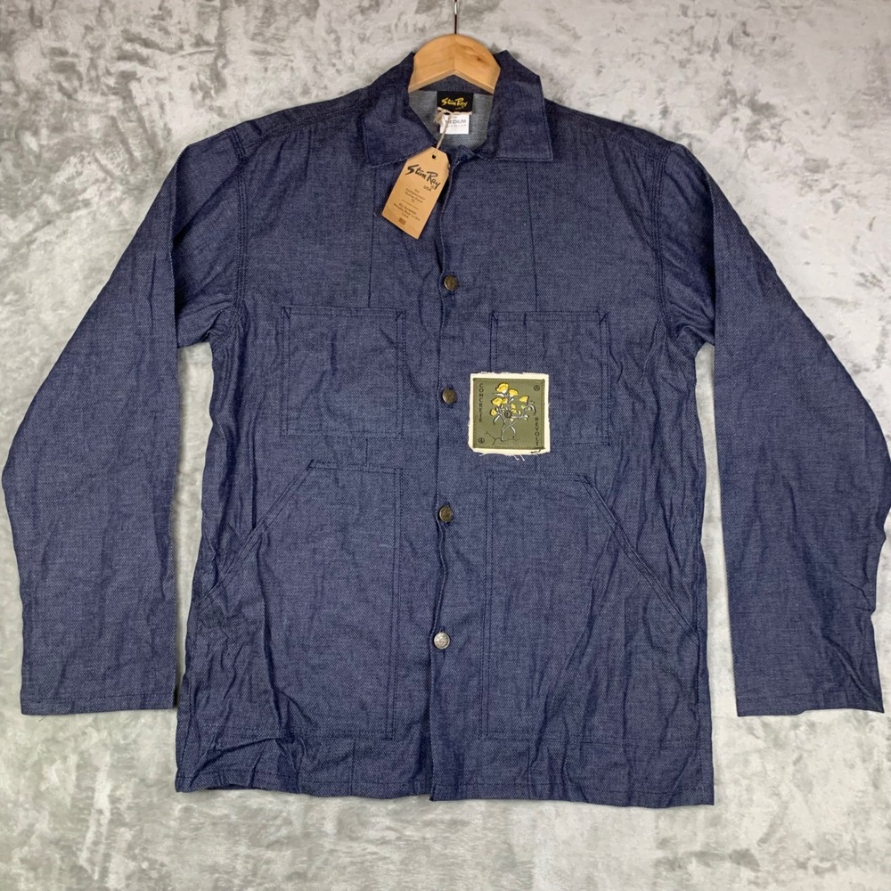 Stan Ray USA Mens M Blue Textured Cotton Chore Shirt Concrete Revolt Patch NEW